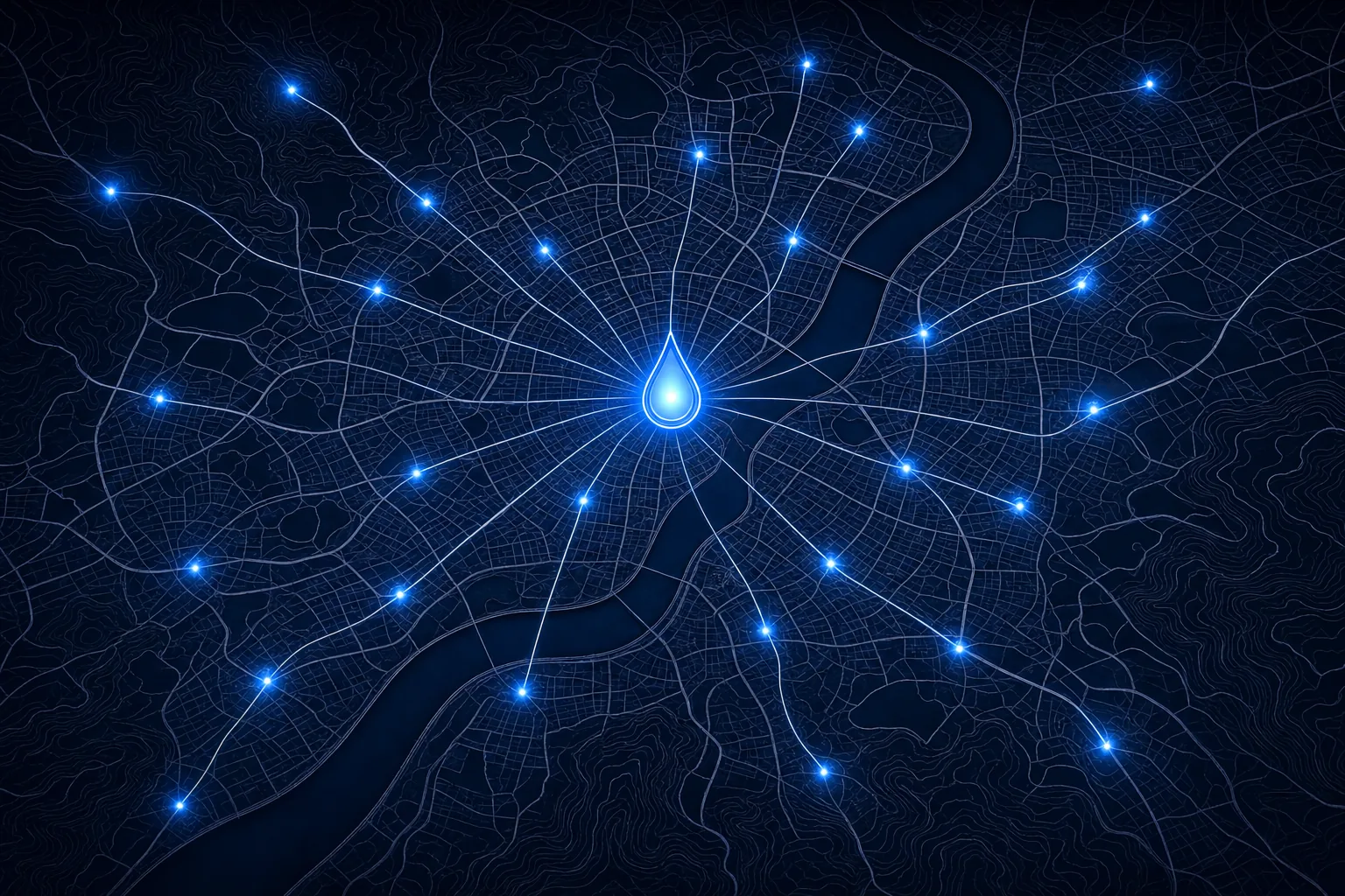 Stylized map of the Blu J service area with glowing coverage nodes
