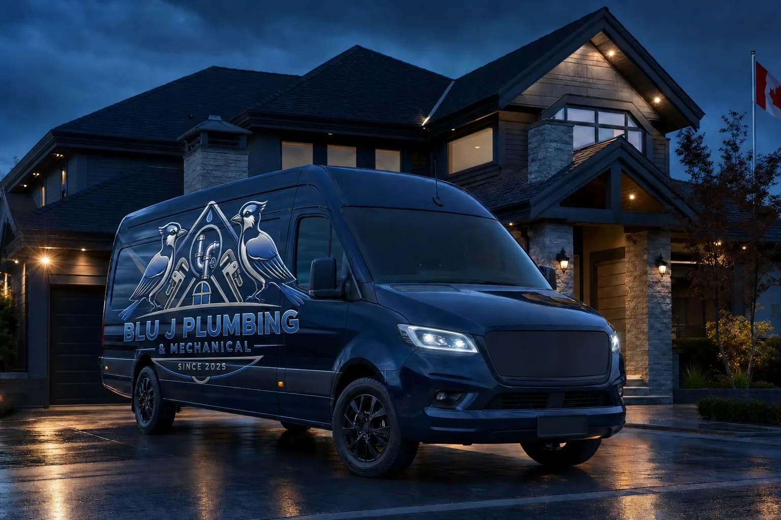 Navy blue Blu J service van parked outside a home at dusk